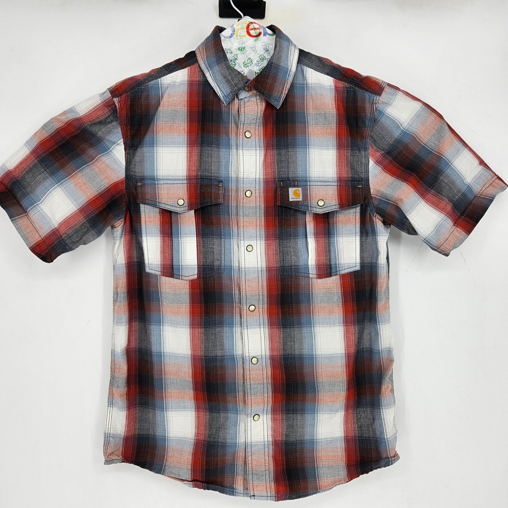Carhartt Shirt Mens Small Pearl Snap Plaid‎ Short Sleeve Western Relaxed